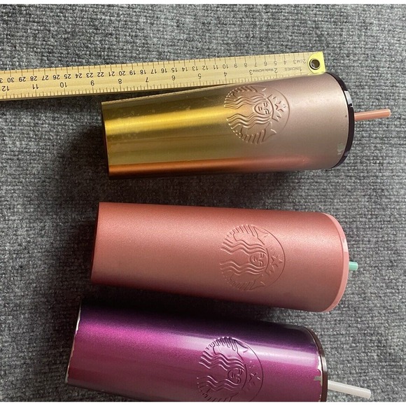 Three Starbucks Tumblers Ombré Pink Purple Tin Metal 24 Oz Venti Lid Straw - Picture 10 of 11
